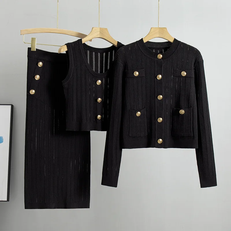 

Korea Fashion Autumn Hollow Knitted Suits Elegant Solid Color 3 Piece Dress Set Office Lady Women Outwear Sweater Dress Female