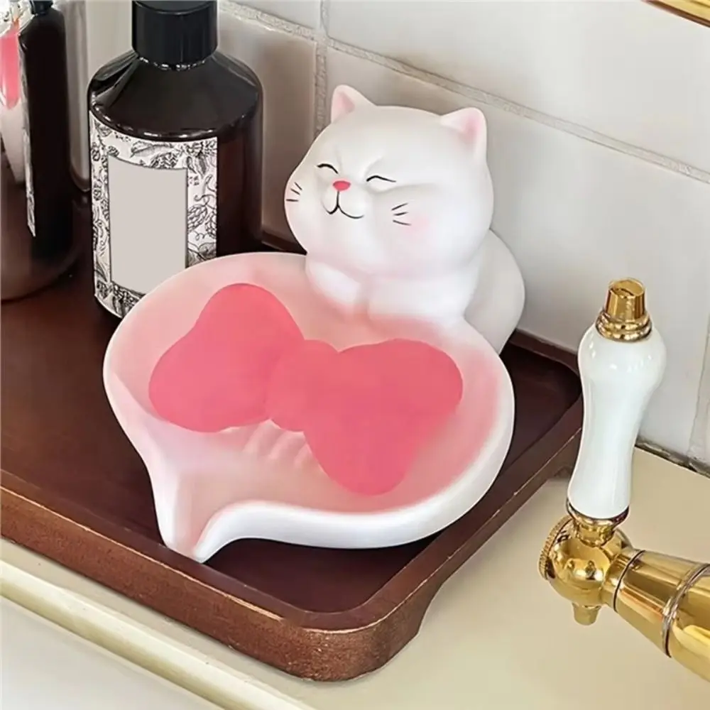 

Нескользящая мыльница в форме кошки с дренажем, пастельно-розовая и белая, очаровательная подставка для мыла на столешницу в ванной комнате