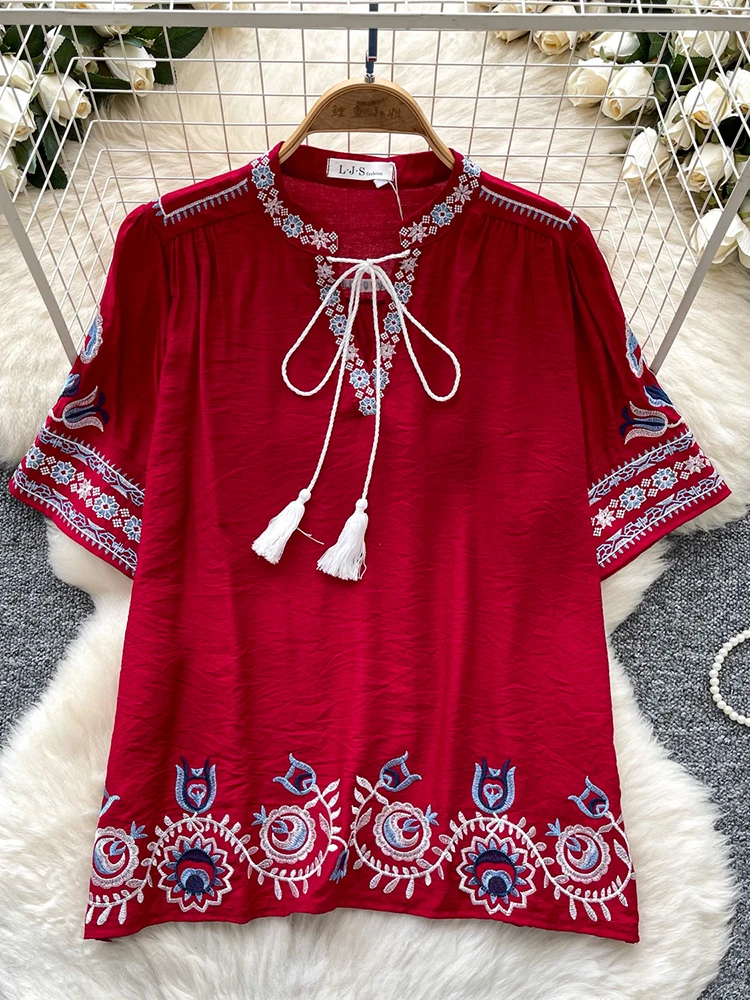 

Summer New Women's Short Sleeved Top Embroidered Lightweight Breathable Cotton Loose Versatile Casual Blouse Top Female D25