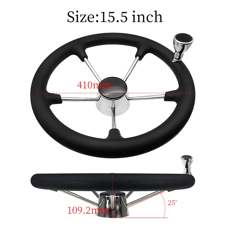 Volante da 11/13/15 pollici con superficie della manopola in acciaio inossidabile a 5 razze con schiuma di gomma nera per accessori per barche da Yacht