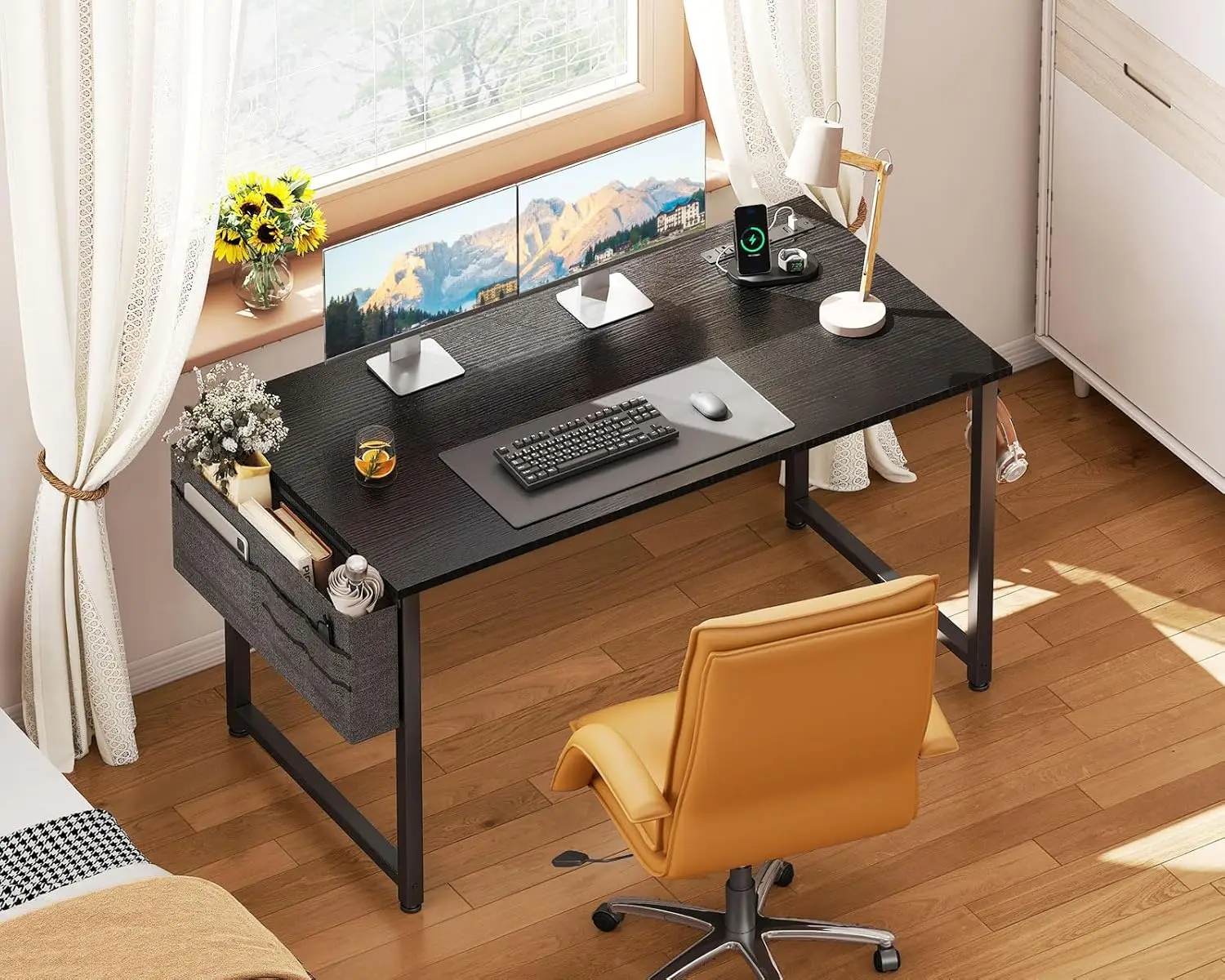 XMSJ Computer Desk - 48 Inch Office Writing Desk For Home, Student Study Desk With Storage Bag, Headphone Hook & Power Outlets