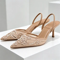 Luxury Mesh Embroidery High Heels Women Sexy Pointed Toe String Bead Slingback Heeled Sandals Summer Elegant Banquet Dress Shoes
