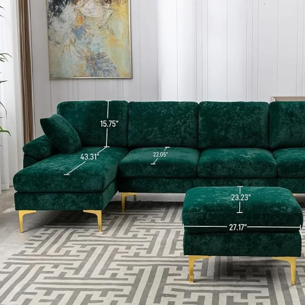 U-Shaped Sectional Sofa Couch, 4 Seat Sofa Set ,Convertible L-Shaped Velvet Couch Set with Chaise Lounge, Ottoman and Pillows image 6
