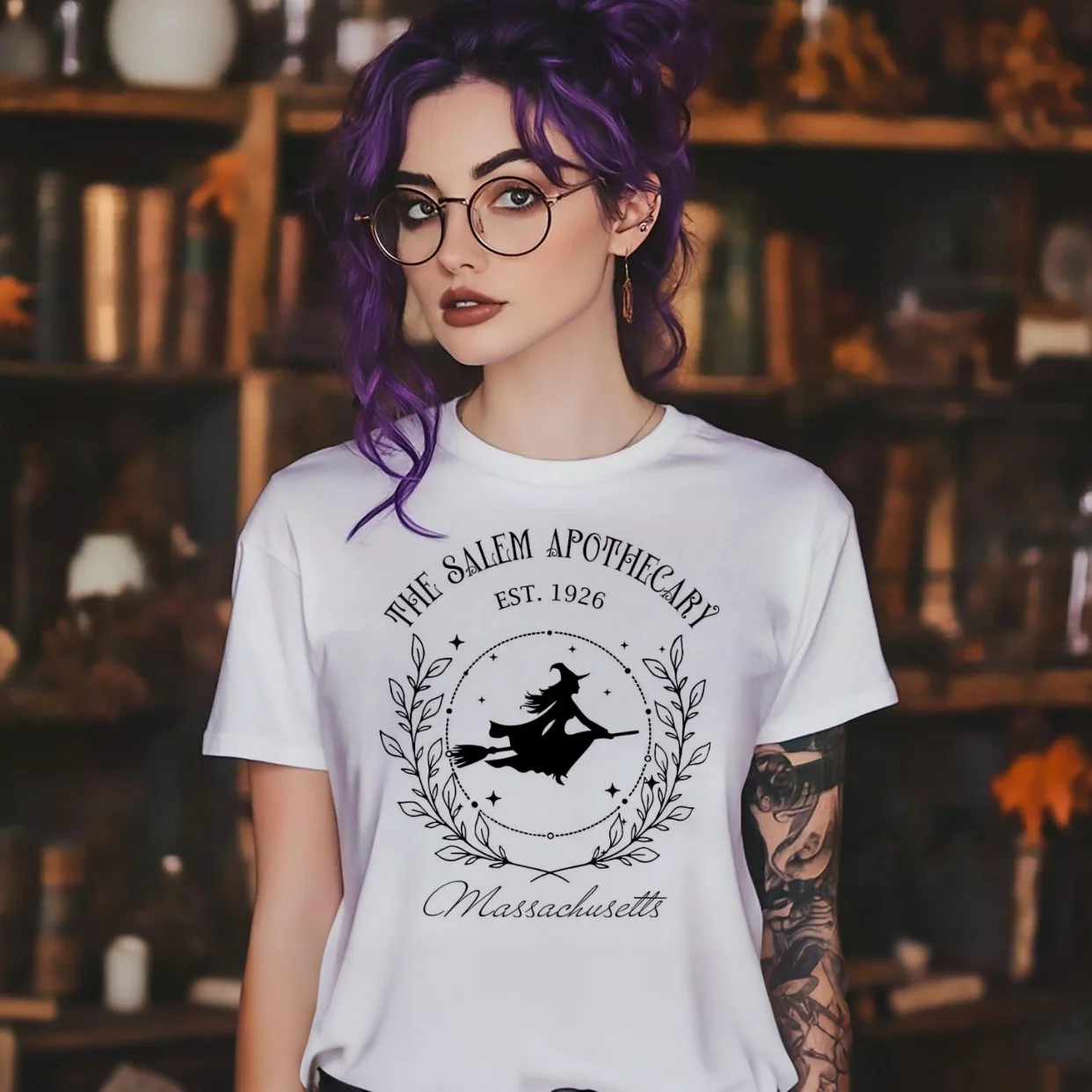 Modisches Damen-T-Shirt mit Retro-Aufdruck, Apotheker, Hexe, Besen, Blumenmuster, Cartoon-T-Shirt, vielseitiges weißes Basic-T-Shirt für Damen