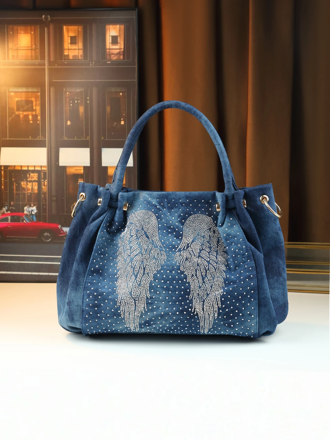 

Retro diamond-encrusted angel wings shape women's bag denim large-capacity handbag tote bag commuter women's bag