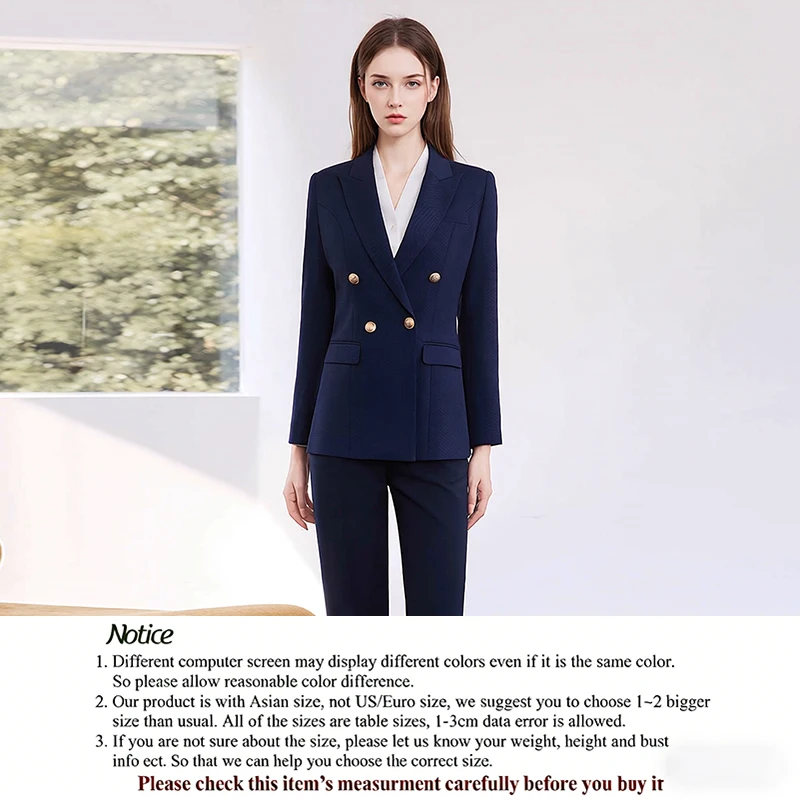 

Корпоративный формальный женский костюм темно-синего цвета с двубортным пиджаком и длинными брюками