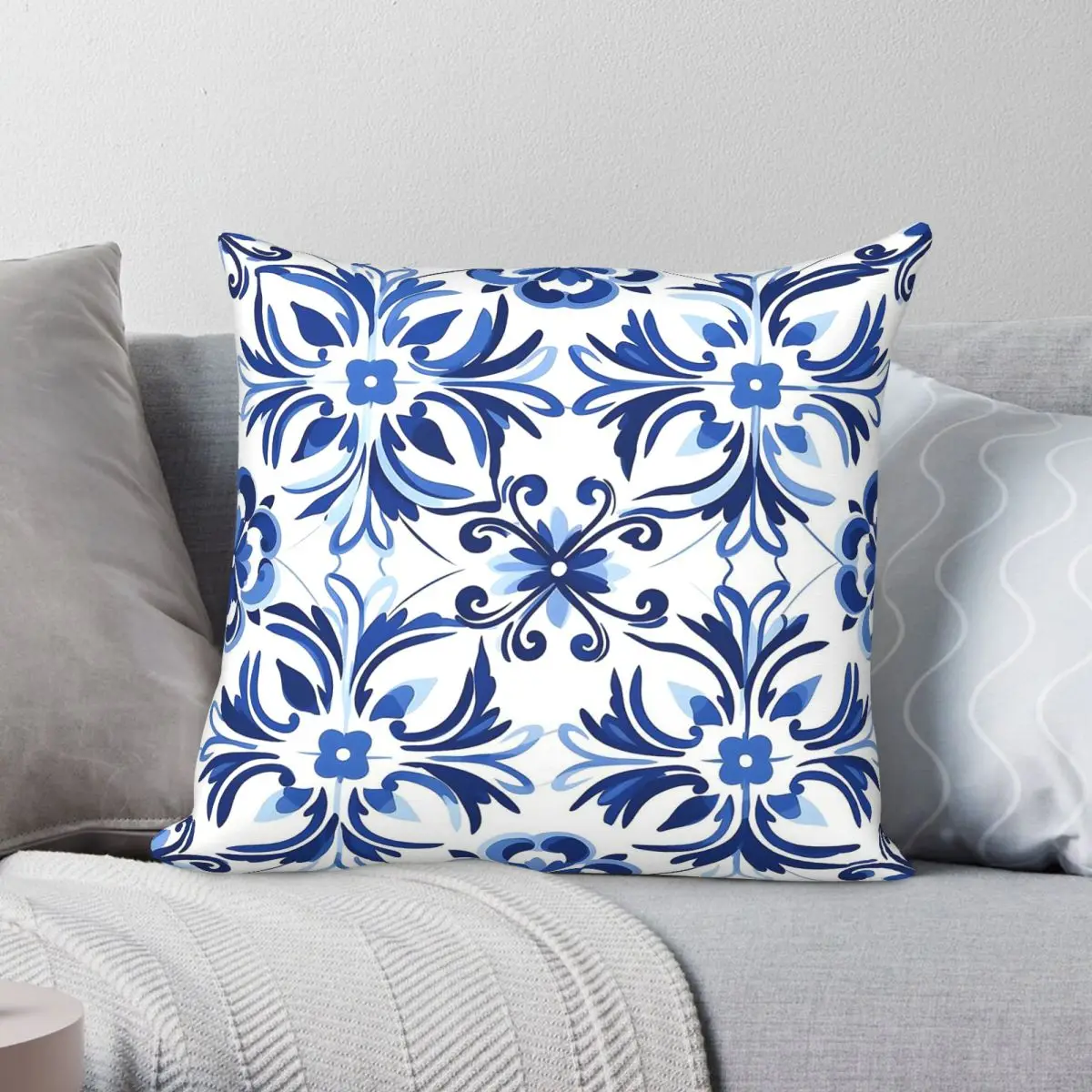 Azulejos Portugiesische Blaue Fliesen Quadratischer Kissenbezug Polyester Leinen Samt Muster Deko-Kissenhülle Heimkissen Großhandel 18 Zoll