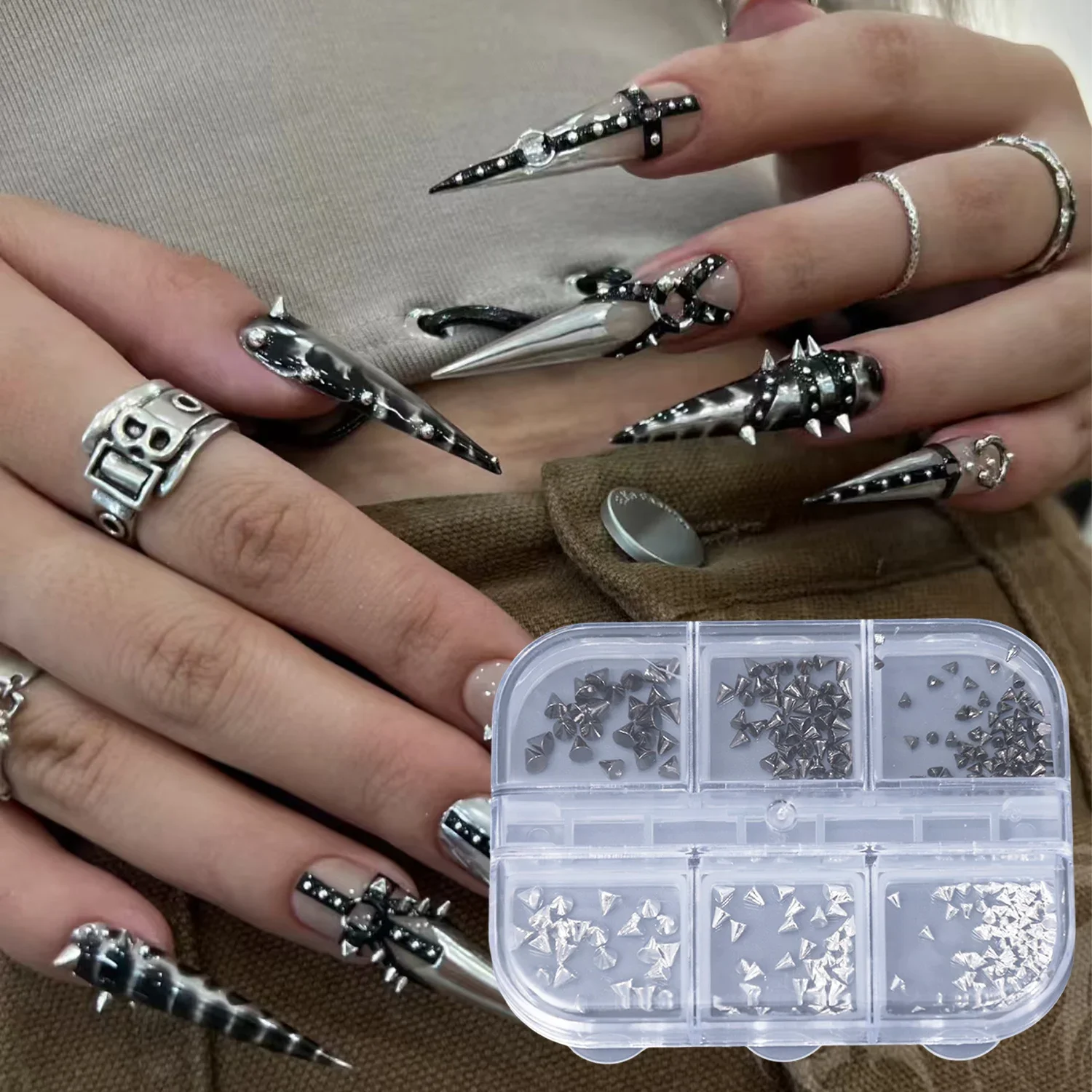 6 กริดสีดํา Silver Alloy Rivet Punk Nail Art Charm อุปกรณ์แต่งเล็บ DIY ขนาดผสม METALLIC SPIKE เล็บ Studs อุปกรณ์ตกแต่ง