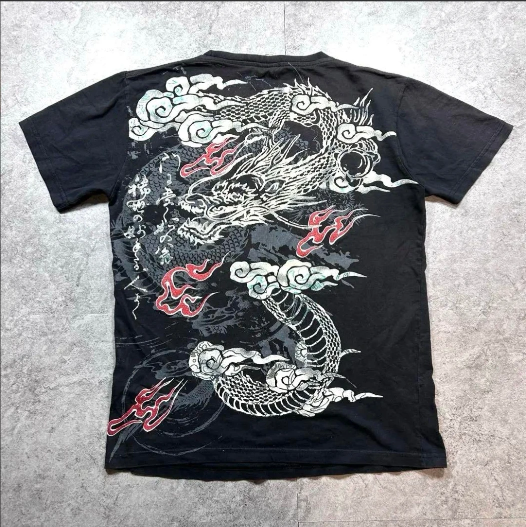 Japanese Y2K Retro Dragon Pattern Family Matching T Shirts Summer Pure Cotton Short Sleeve Parent Kids Harajuku Streetwear Tops