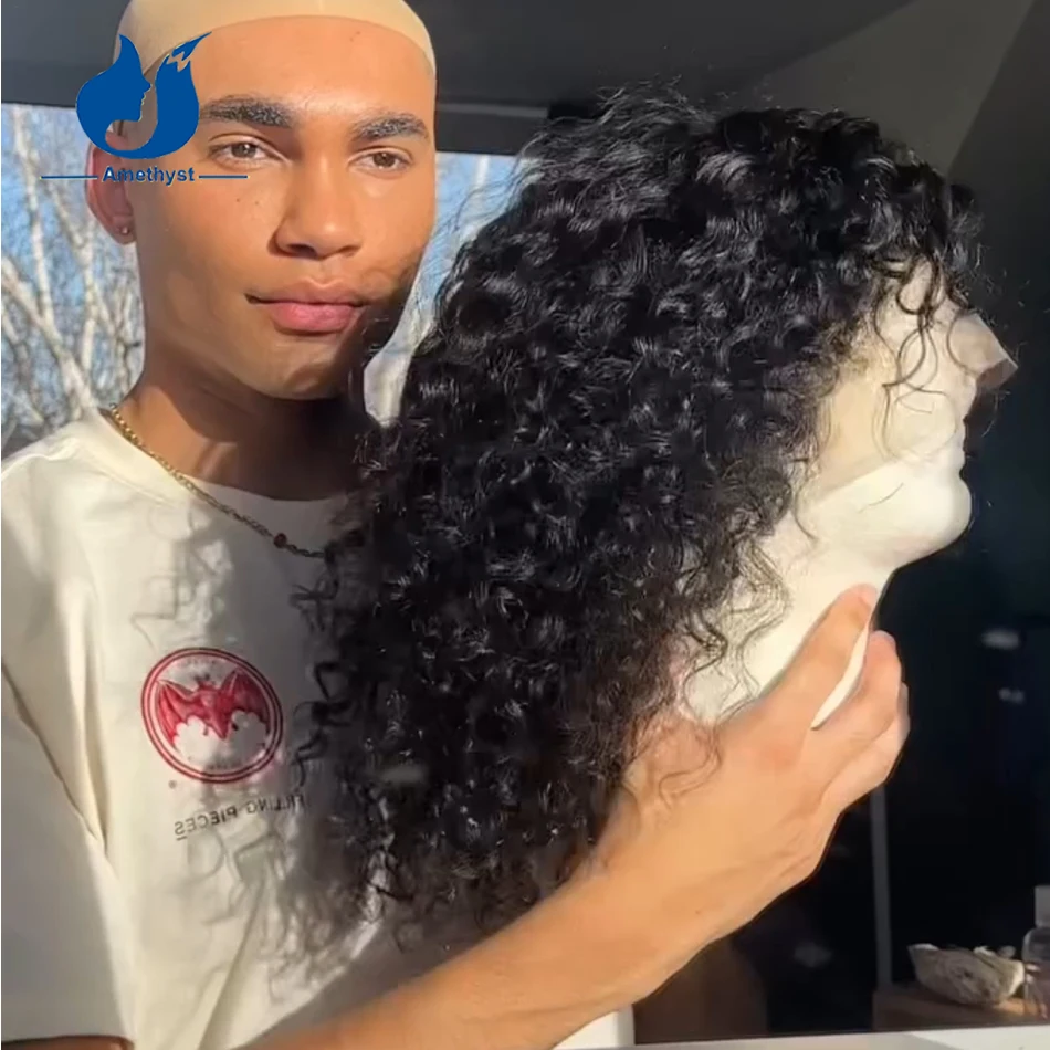 Ametista 14 Polegada peruca frontal de renda encaracolado para homens 13x6 pré arrancado com babyhair natural preto remy cabelo humano curto bob 150%