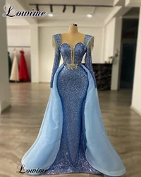 Middle East Blue Evening Dresses With Detachable Train Long Sleeves Formal Occasion Dresses Mermaid Robes De Soirée Party Gowns