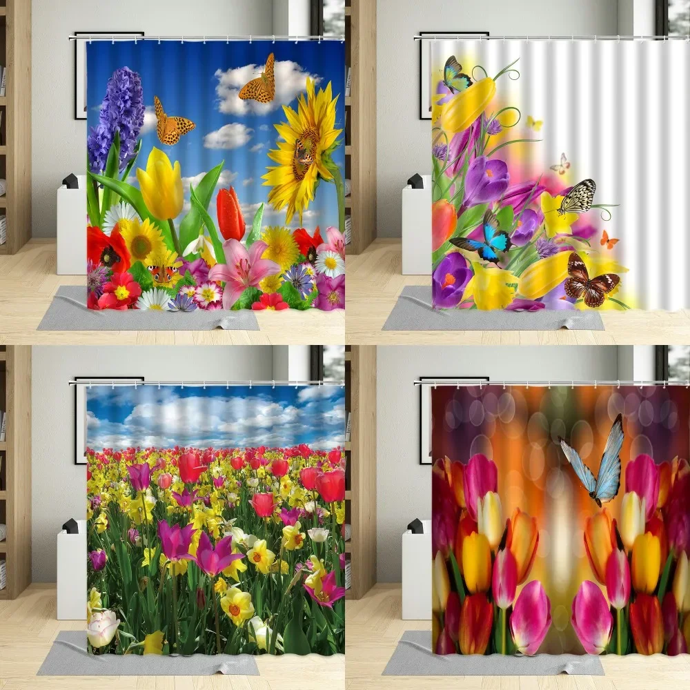 Colorful Tulip Lily Butterfly Spring Flower Shower Curtain Floral Plant Home Decor Screens Bathroom Bathtub Curtains With Hooks