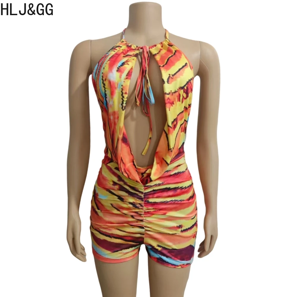 HLJ&GG Sexy Bodysuits Printing Hollow Out Halter Rompers Women Round Neck Backless Sleeveless Jumpsuits Fashion Overalls 2025