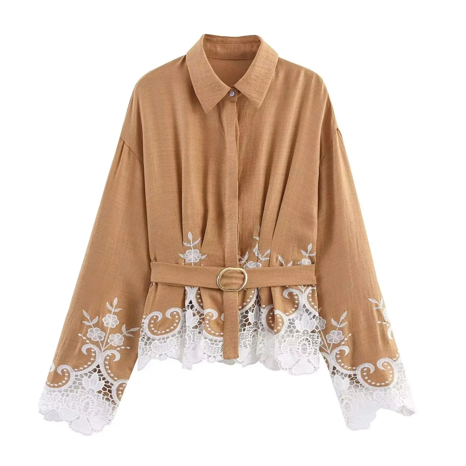 

KONDALA, винтажная осенняя повседневная женская кружевная шикарная рубашка с поясом и пуговицами, современная уличная одежда, модные женские рубашки со складками