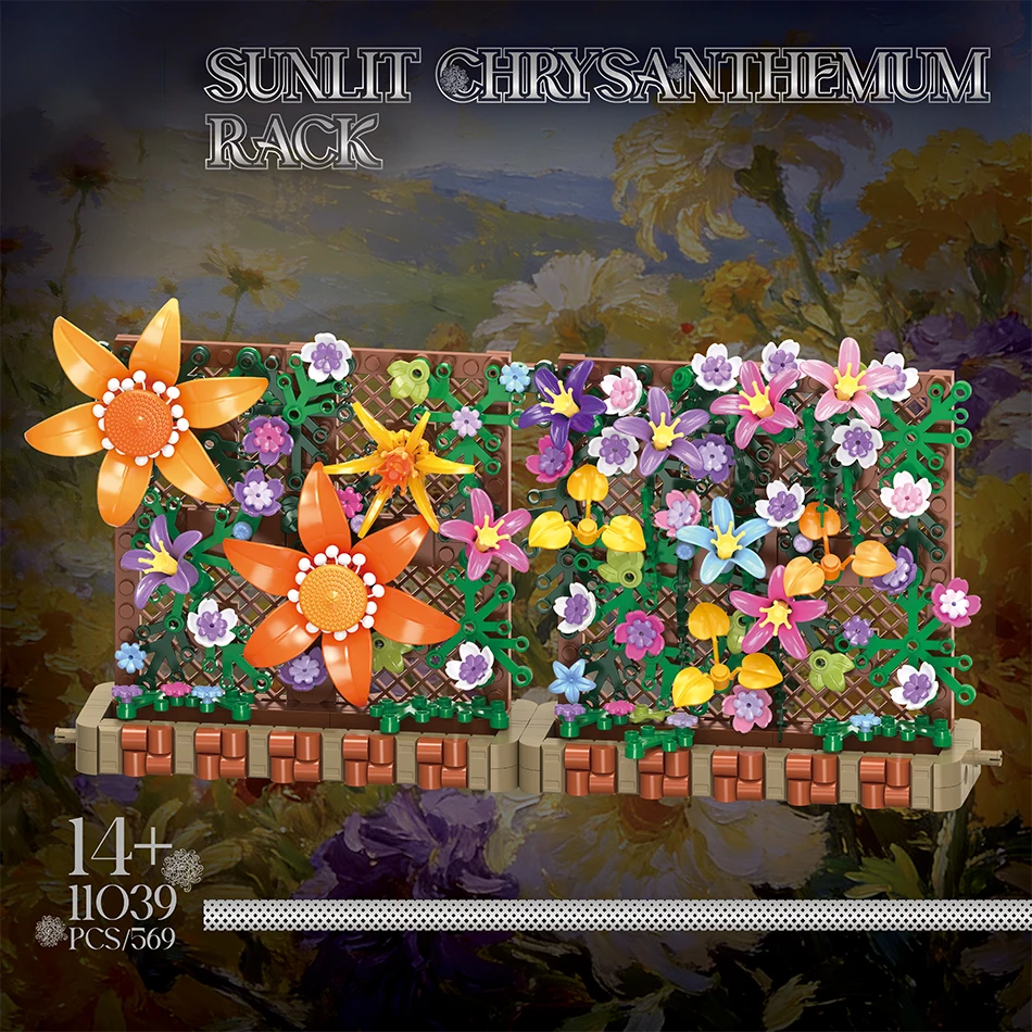 

City Chrysanthemum Rose Rack Fence Screen Building Blocks Flower Plant Hedge Wall Backdrop Bricks Toys Home Decor Adults Gifts