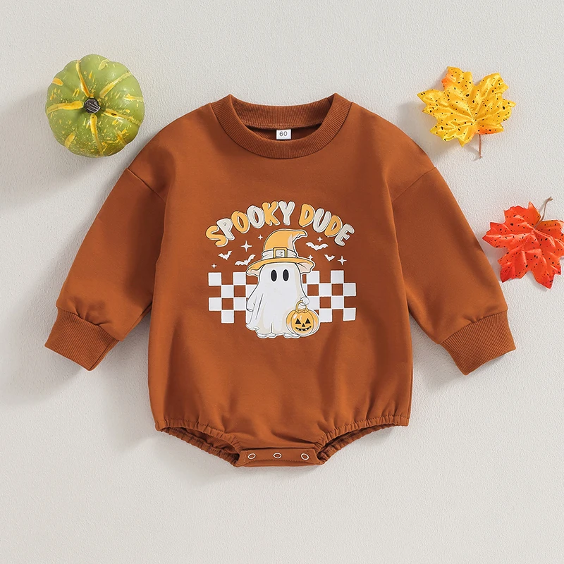 

Adorable Pumpkin Print Infant Halloween Jumpsuit with Long Sleeves and Round Neckline - Newborn Halloween Costume for Baby Boy