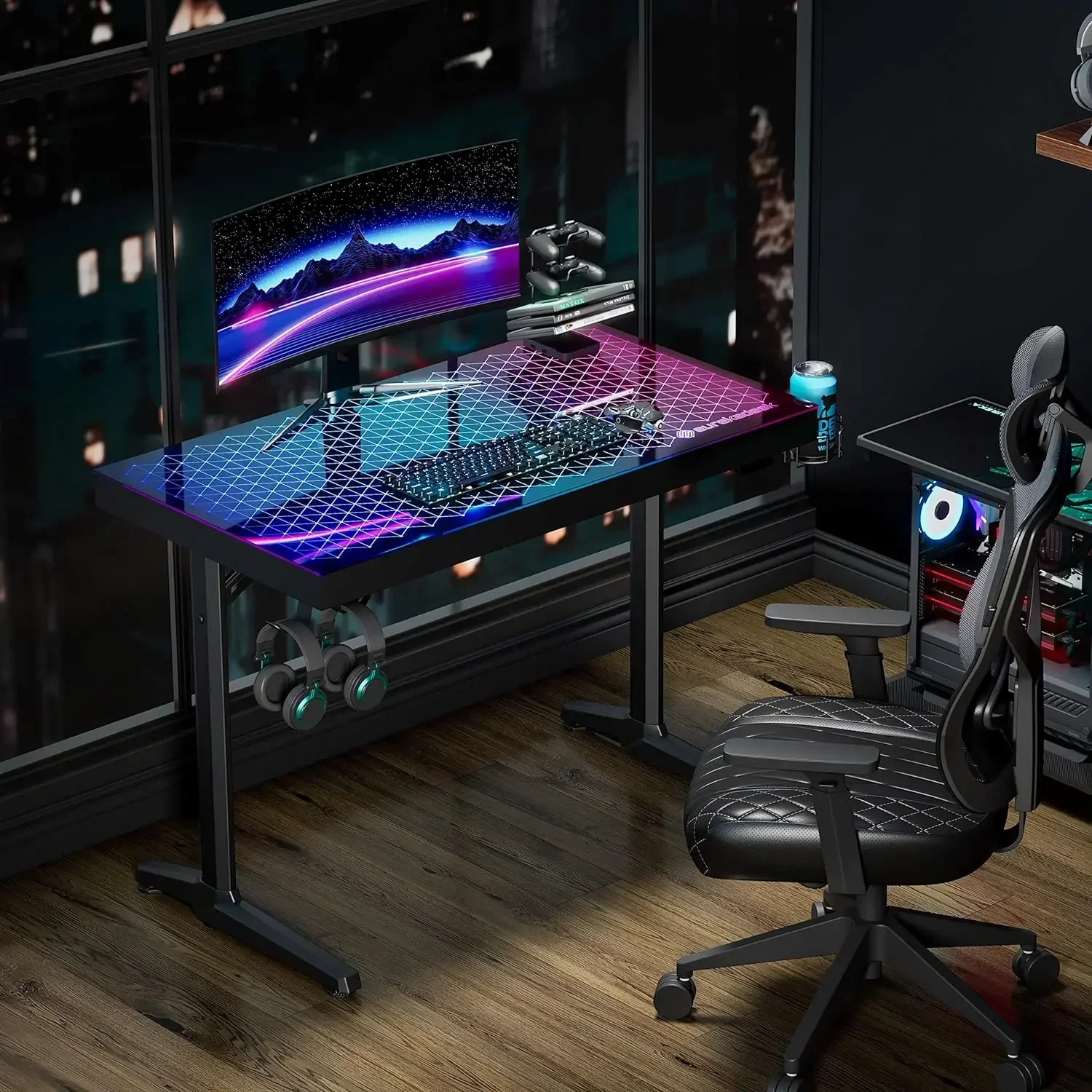 

-RGB LED Gaming Desk, Music Sync Lights Up, Tempered Glass Desktop, Home And Office Computer