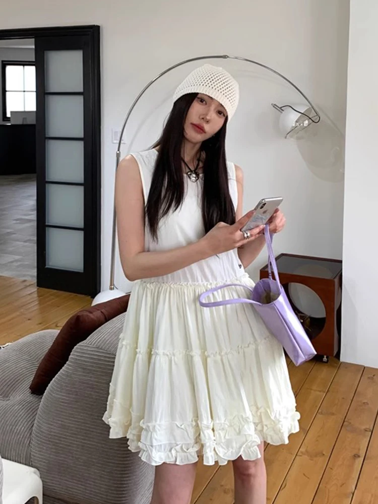 Vestido F Estilo Coreano com Design de Camadas e Decote Redondo, Estilo Cake, Saia Curta