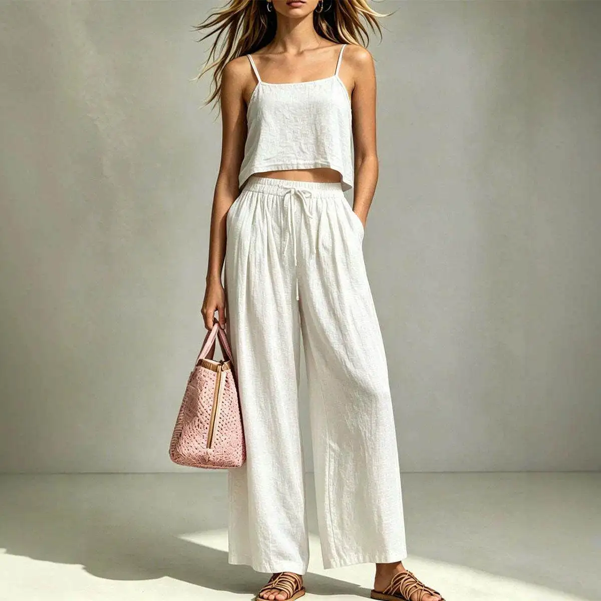 Fashionable Casual Women's Two-Piece Set Strap Vest And Loose Wide Leg Pants Summer 2026 Cross-Border New Style Leisure Pants