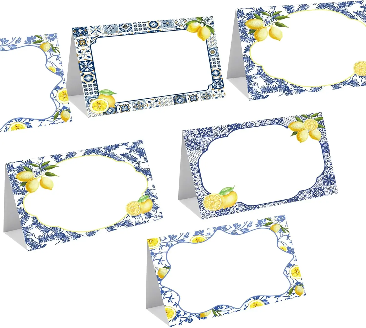 Lemon Place Cards 60pcs Yellow Lemon and Blue Tile Table Name Cards Weeding Buffet Food Label for Lemon Birthday Decoration
