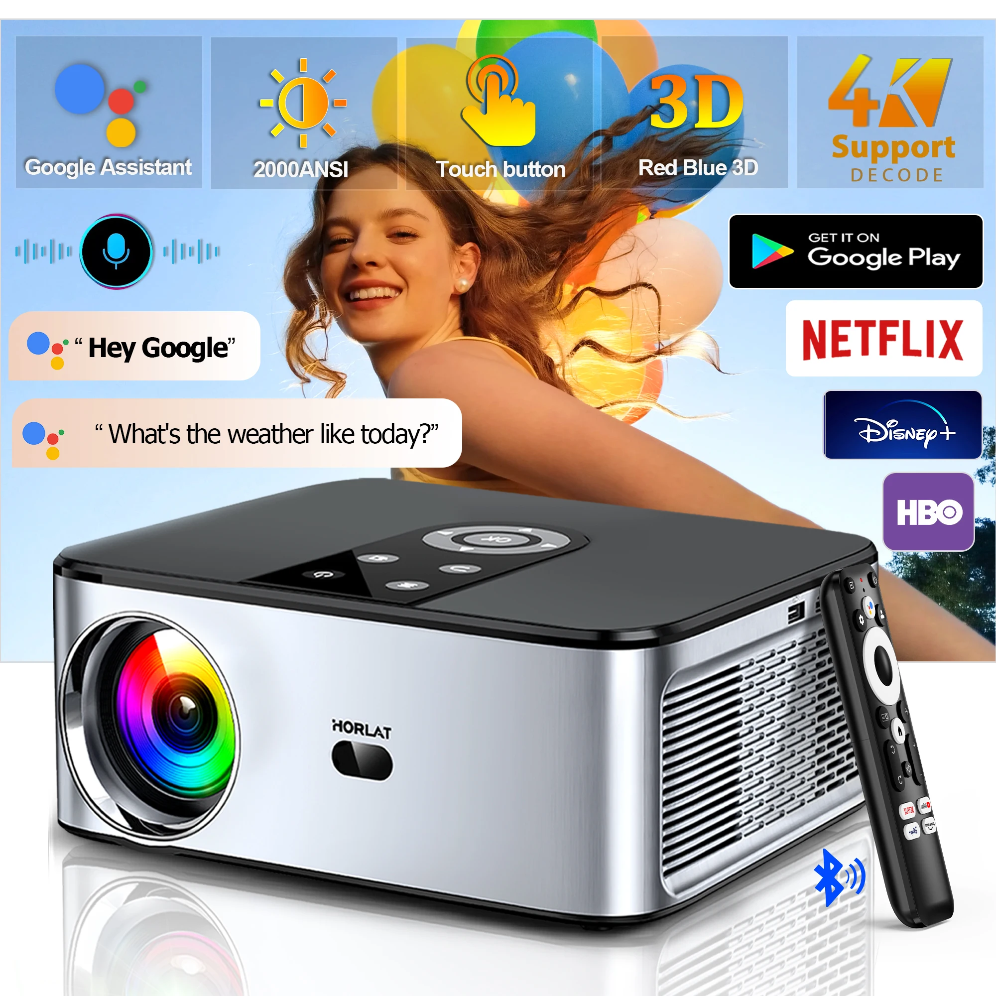 HORLAT T03 40000 Lumen Android 11 Beamer 4K Projektor für Außenbereich Full HD 1080P 8K 3D Video Audio Heimkino Autofokus Keystone-Korrektur