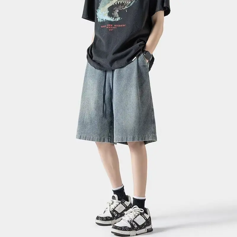 

Повседневная мужская джинсовая одежда с талией, летняя тонкая прямая спортивная уличная одежда свободного покроя с пятью точками, универсальная уличная одежда со средней талией в американском стиле