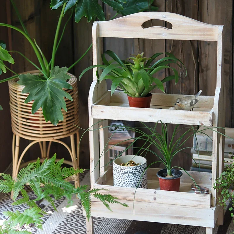Rustic Solid Wood Plant Stand Vintage Flower Shelf Balcony Garden Decor Multi-Tier Storage Rack Indoor Outdoor Display Organizer