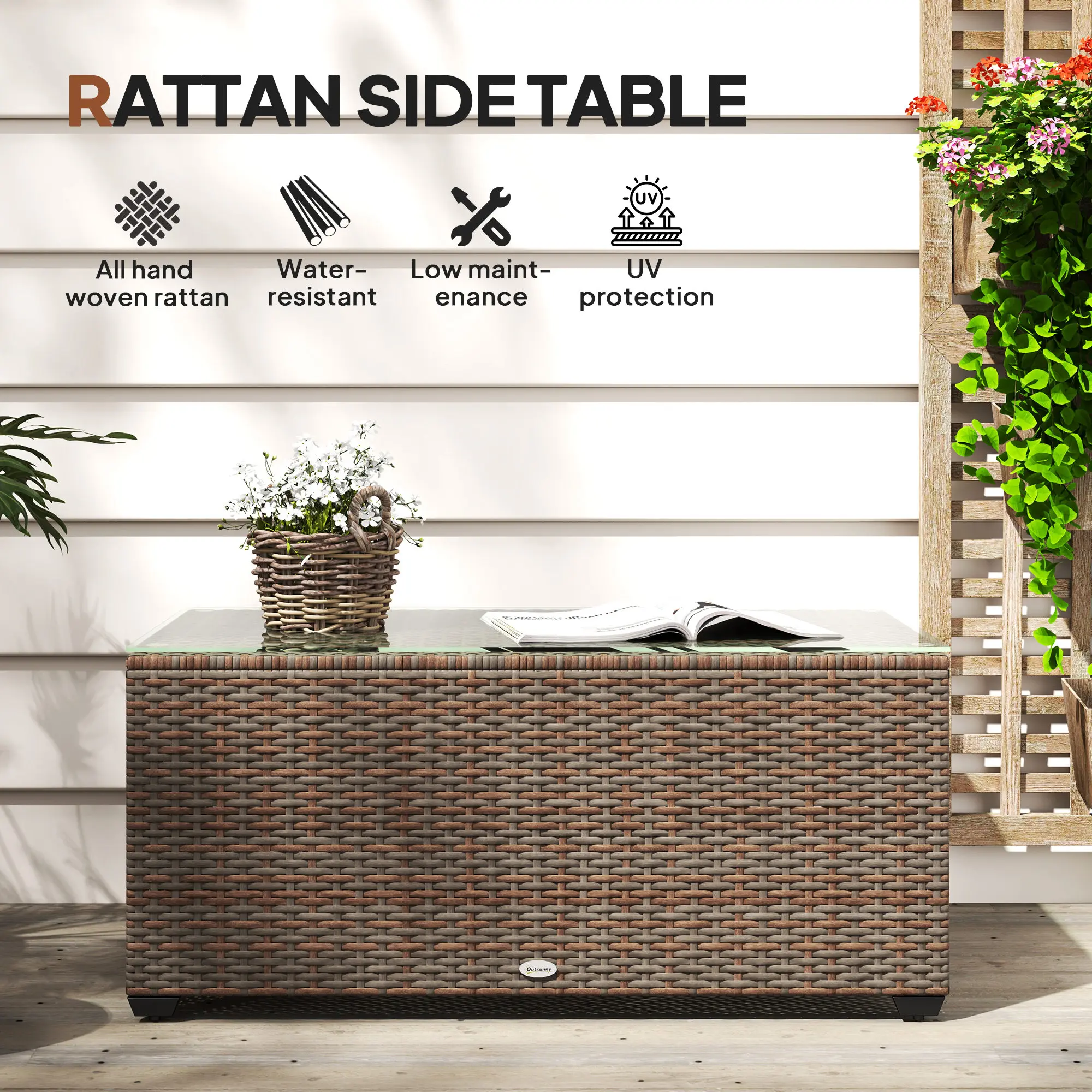 Outsunny Outdoor Coffee Table, PE Rattan Side Table with Tempered Glass Top, Wicker Square Garden Coffee Table End Table