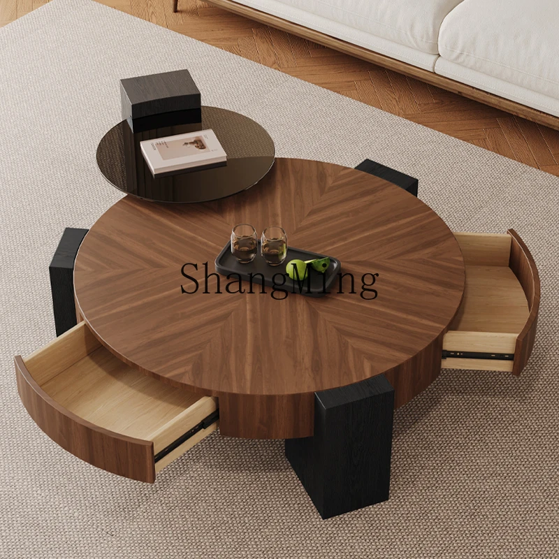ZYY round coffee table household small apartment high-end solid wood medium and ancient style coffee table combination