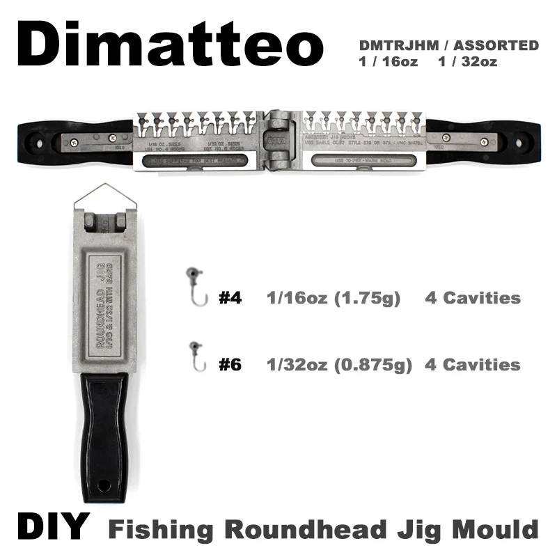 

DimatteoDIY Fishing Roundhead Jig Mould DMTRJHM/ASSORTED COMBO 1/16oz(1.75g), 1/32oz(0.875g) 8 Cavities