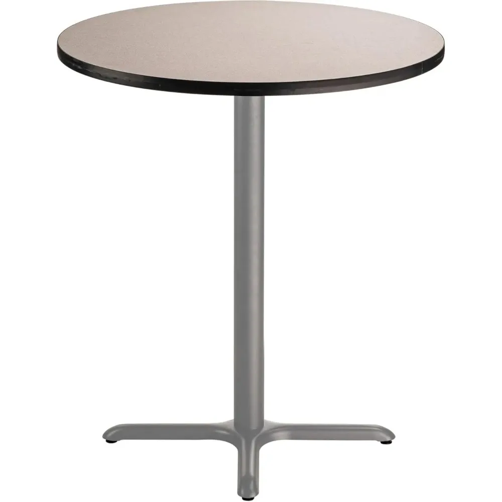 طاولة مقهى مستديرة مقاس 36 بوصة من NPS مع قاعدة X، وارتفاع 42 بوصة، وقلب من اللوح الحبيبي/قالب على شكل حرف T، وسطح سديم رمادي، وإطار رمادي