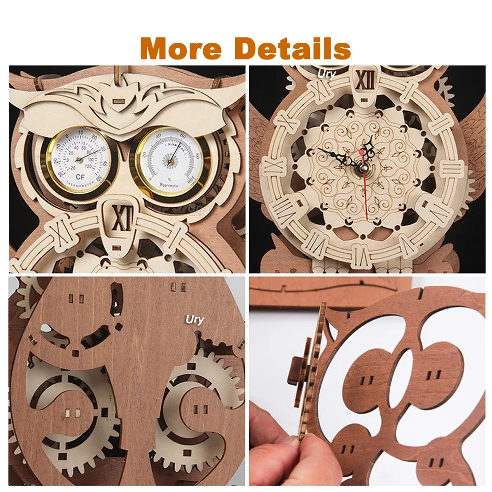 Ury 3D Puzzle in legno Retro pendolo gufo orologio da parete modello Set igrometro decorazione ingranaggi meccanici giocattolo assemblato a mano