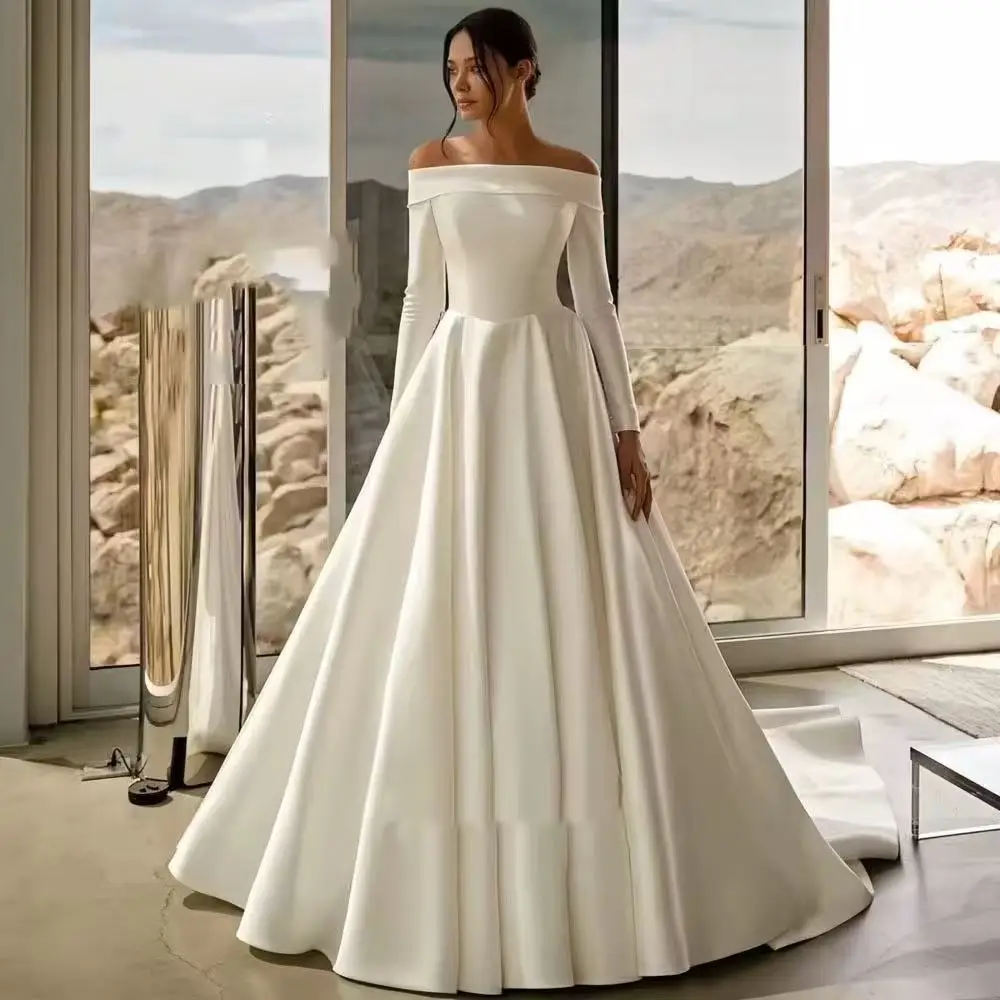 

Simple Wedding Dresses A Line Women's Off Shoulder Long Sleeve Bridal Gowns Sweep Train Elegant 2025 Vestido De Novia Customized