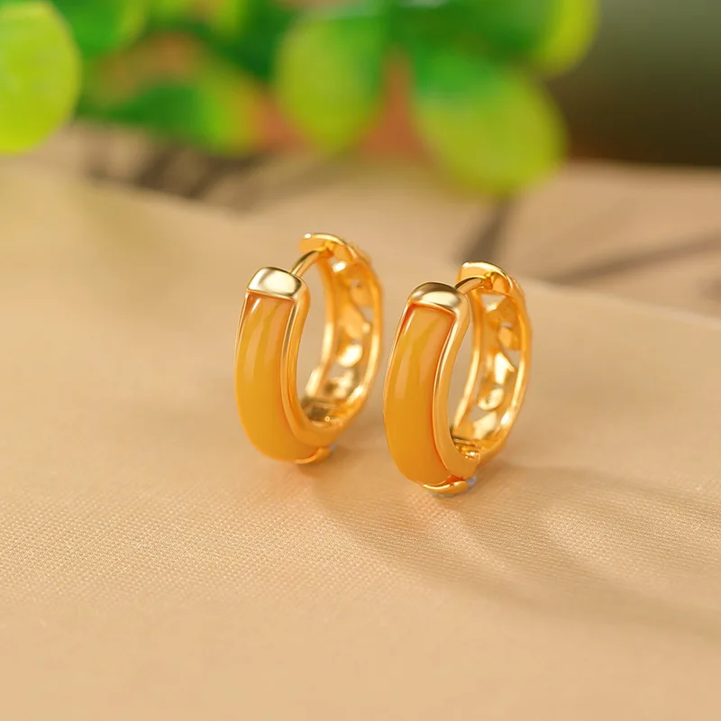 S925 Sterling Silver Gold-Plated Amber Cloud Pattern Hollow Curved Tube Earrings National Trend Elegant Ear Clips