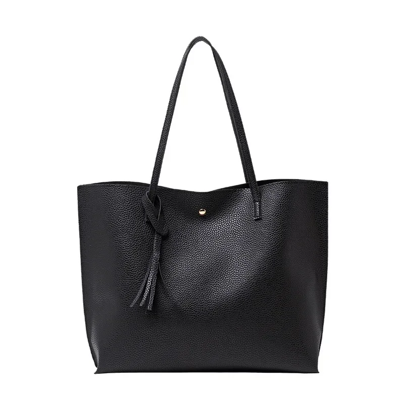 

New Trend Women Single Shoulder Bag Casual Large Capacity Pu Lychee Pattern Tassel Outdoor Simple Tote Bag