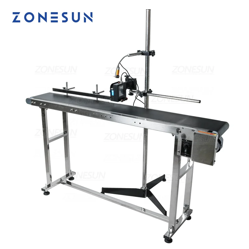 ZONESUN Flated Inkjet Printer with Belt Conveyer Automatic Industrial Continuous Date Coder System Batch Assemble Line ZS-IIP600