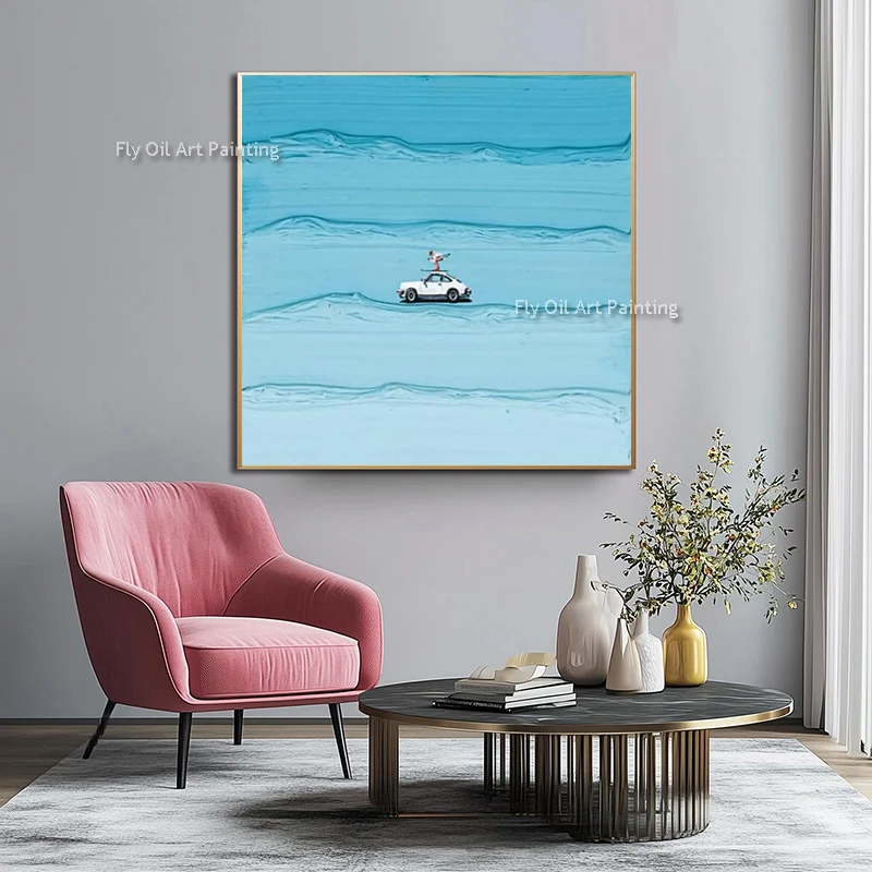 Green Land Artwork Car Driving Canvas Wall Art Handmade New Simple Blue White Car Abstract Oil Painting Decor For Room As Gifts