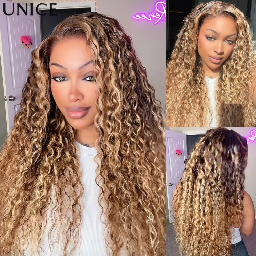 

UNice Bye Bye Slip™13x4 Lace Frontal Honey Blonde Highlights Water Wave Human Hair Wig With Drawstring
