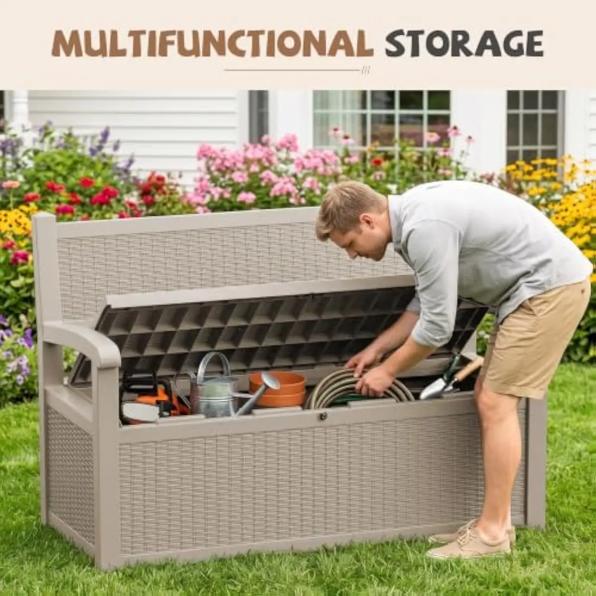 100 Gallon Waterproof Wicker Storage Bench Deck Box Lockable, Outdoor Patio Seating with Cushion for Garden Tools Pool Supplies