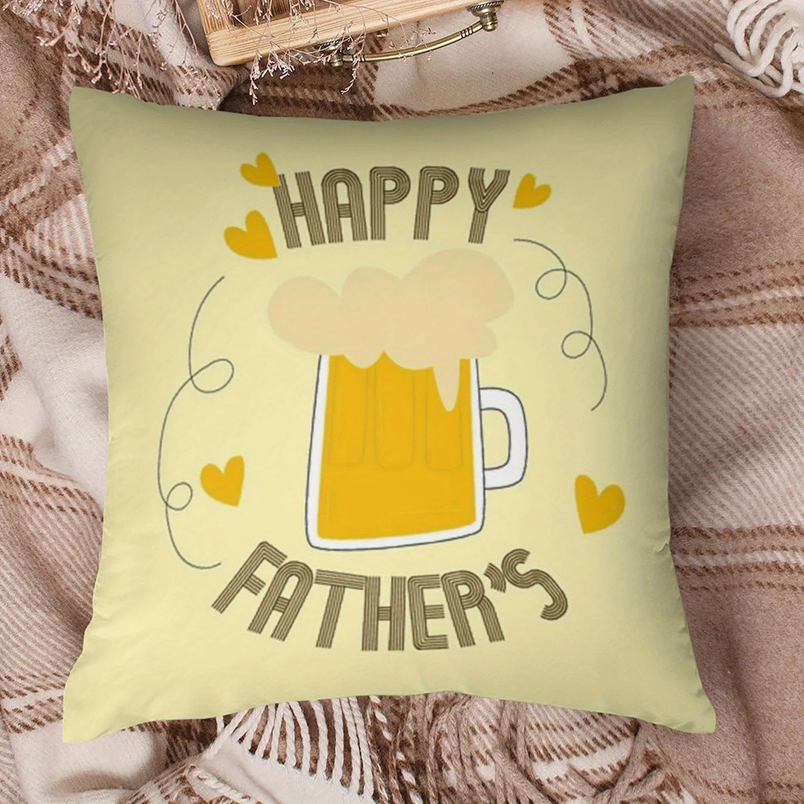 Pillow Cover Happy Father Day Beer Mug Design Yellow Hearts Retro Font Soft Plush Zipper Machine Washable Sofa Bed Gift for Dad