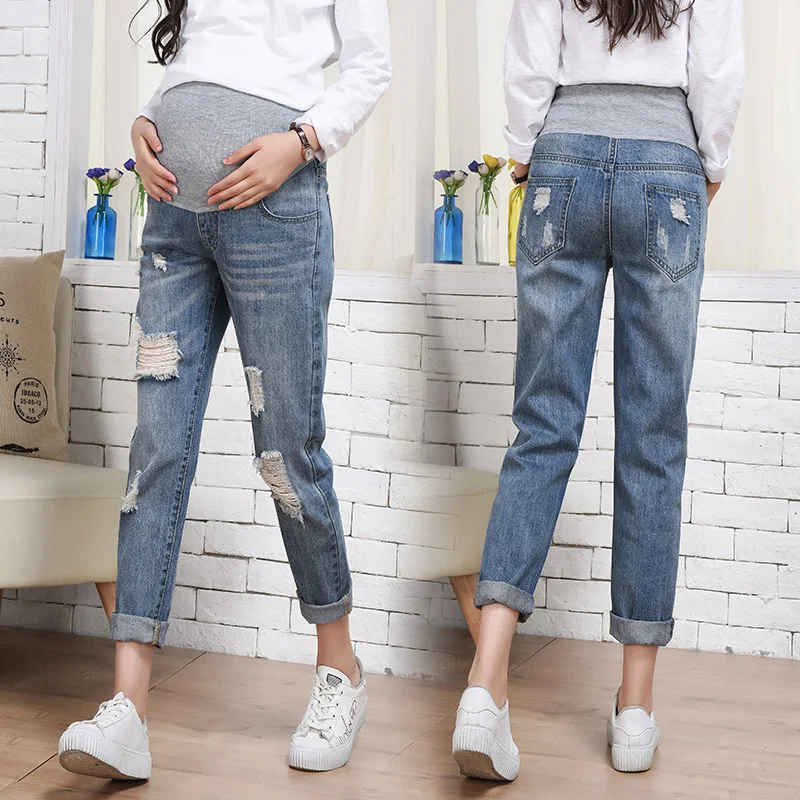 4XL Ripped Hole Denim Maternity Jeans Spring Autumn 9/10 Length Loose Straight Belly Pants Clothes for Pregnant Women Pregnancy