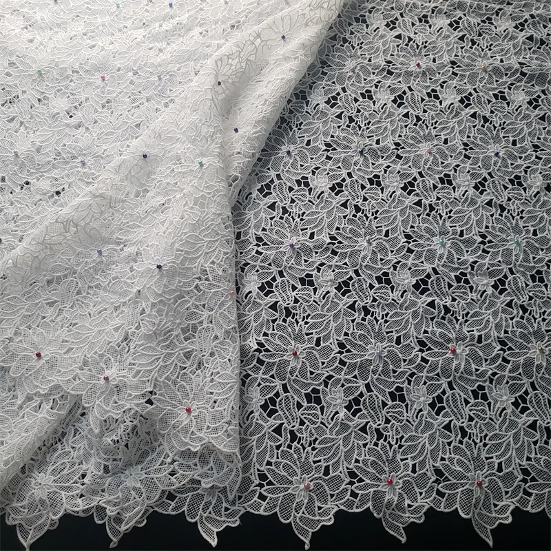 Skin Friendly Latest White Classic Grade Guipure Lace Soft African Cord Lace with beads Fabric For Wedding Dress  NN958-s