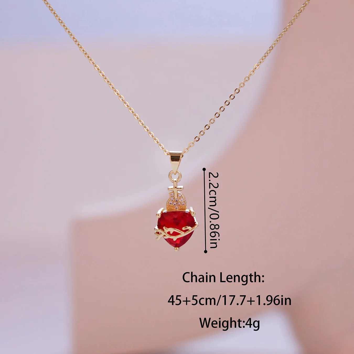 1PC Red Cubic Zirconia Sacred Heart of Jesus Necklace For Women Stainless Steel Chritian Cross Pendant Necklace Women Jewelry