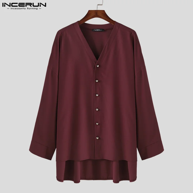 2024 Men Shirt Solid Color V Neck Long Sleeve Korean Casual Men Clothing Loose Streetwear Fashion Leisure Shirts S-5XL INCERUN