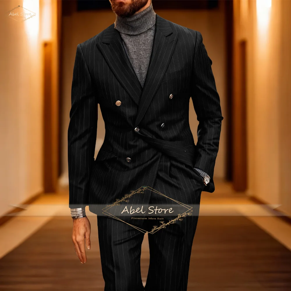 

Мужской двубортный костюм из двух частей: пиджак и брюки в полоску с пиковыми лацканами для свадьбы, бизнеса, официальных мероприятий