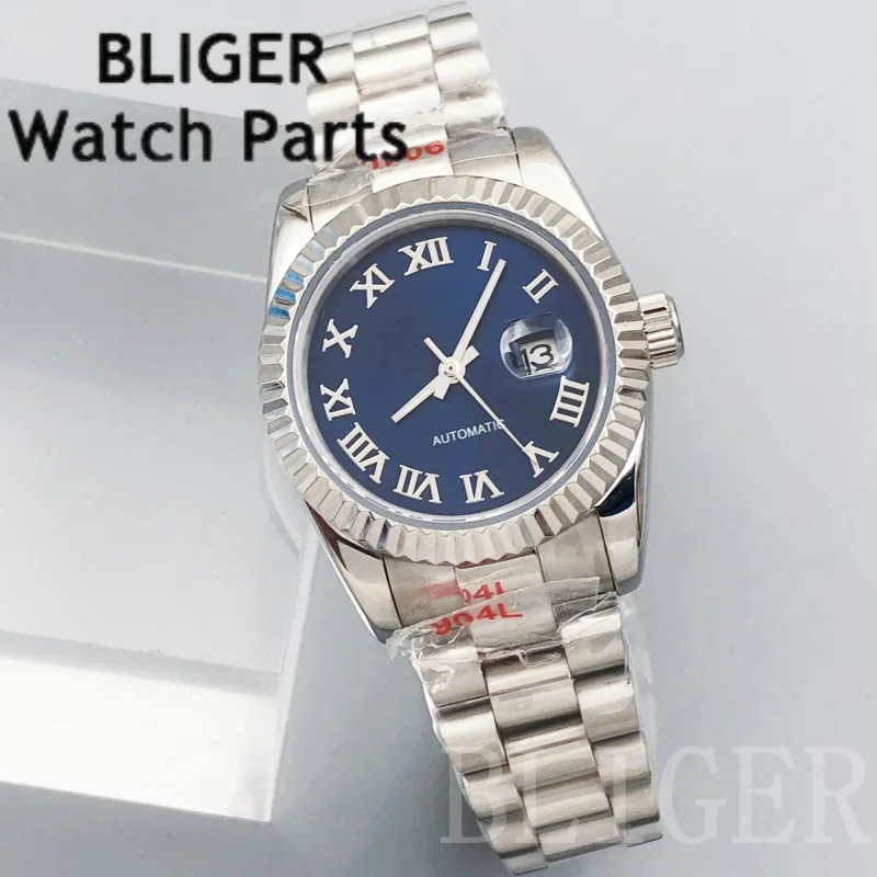 BLIGER 31mm Lady's Fashion Silver NH05 Mechanical Watch Royal Blue Dial Roman Mark Tooth Bezel Sapphire Steel Dive Women Watches
