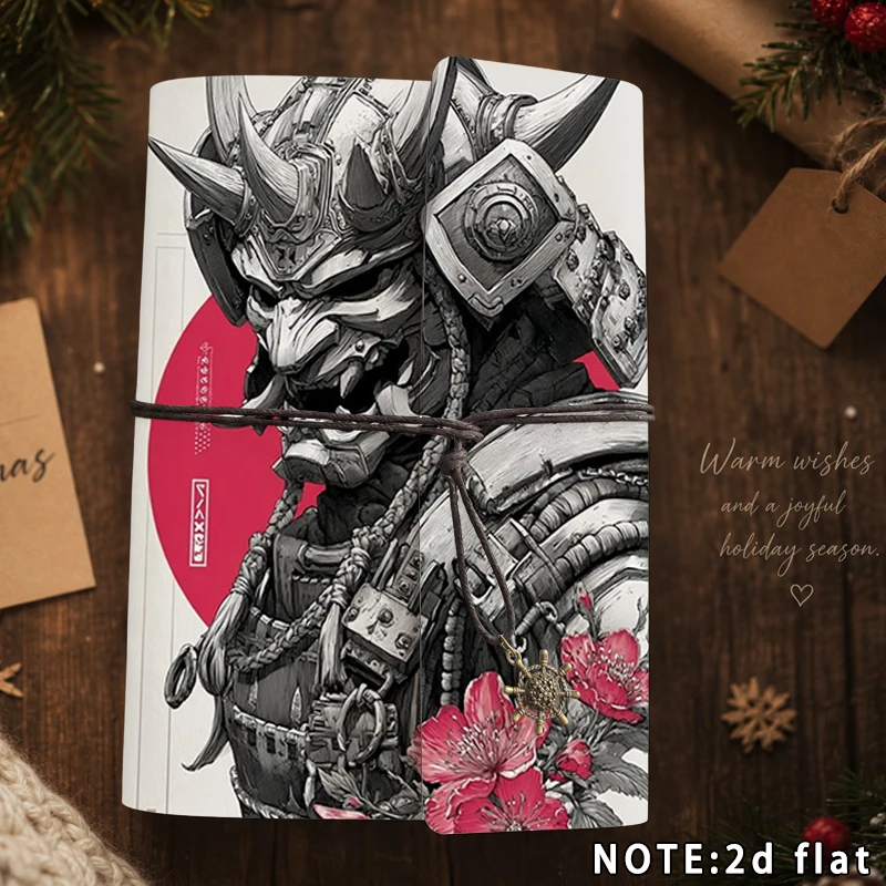 A5 Japanese Samurai Oni Mask Notebook Cherry Blossom Art Print Journal With Metal Charm Travel Diary School Office Stationery Gi