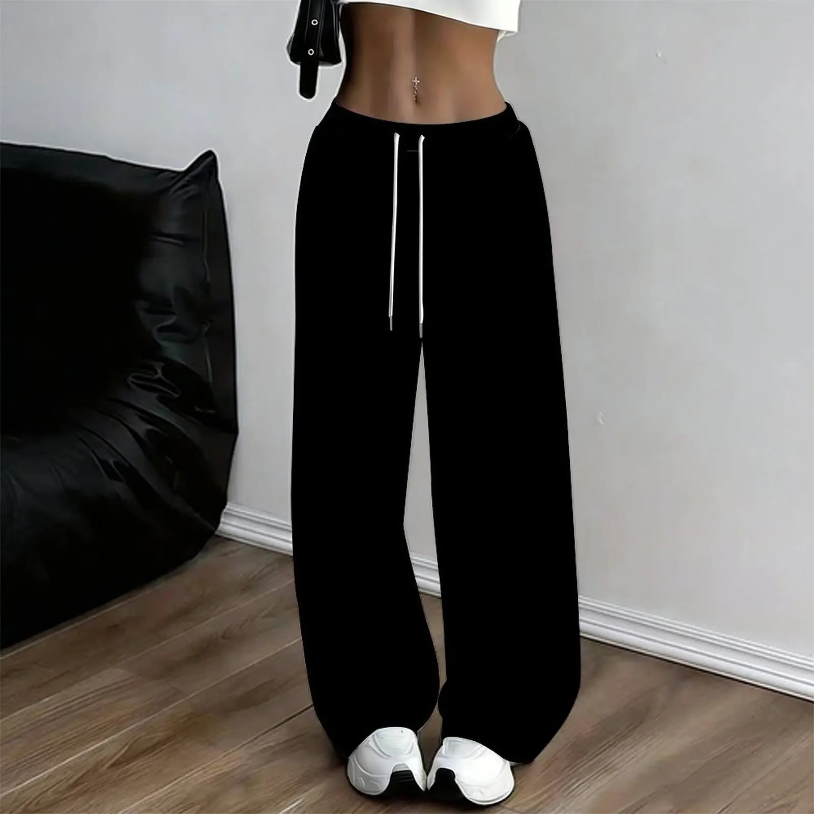 Women Black White Geometric Print Drawstring Waist Loose Straight Leg Full Length Pants
