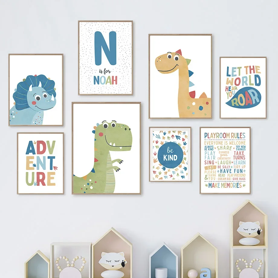 Cartoon Dinosaur Personalized Boy Playroom Dino Nursery Child Poster Wall Art Canvas Painting Print Picture Baby Kids Room Decor