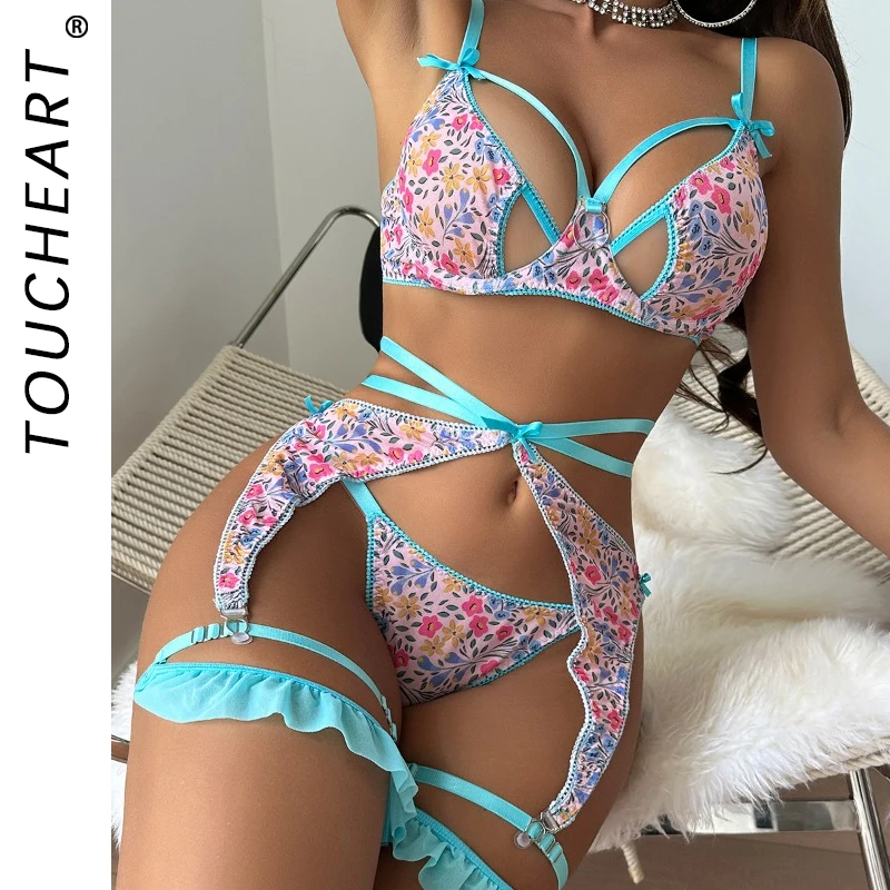 Toucheart Sexy Sexy Underwear Hollow Suit For Women Hot Girl Floral Pattern Splicing Bow Knot Lace Up Lace Garters Underwear Set